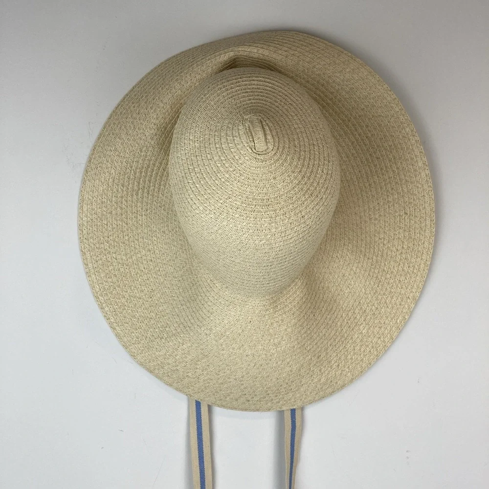 H&M Hat Women Tan Paper‎ Straw Wide Brim Sun Hat Frayed Edge S/54